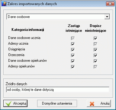 Zakres importowanych danych
